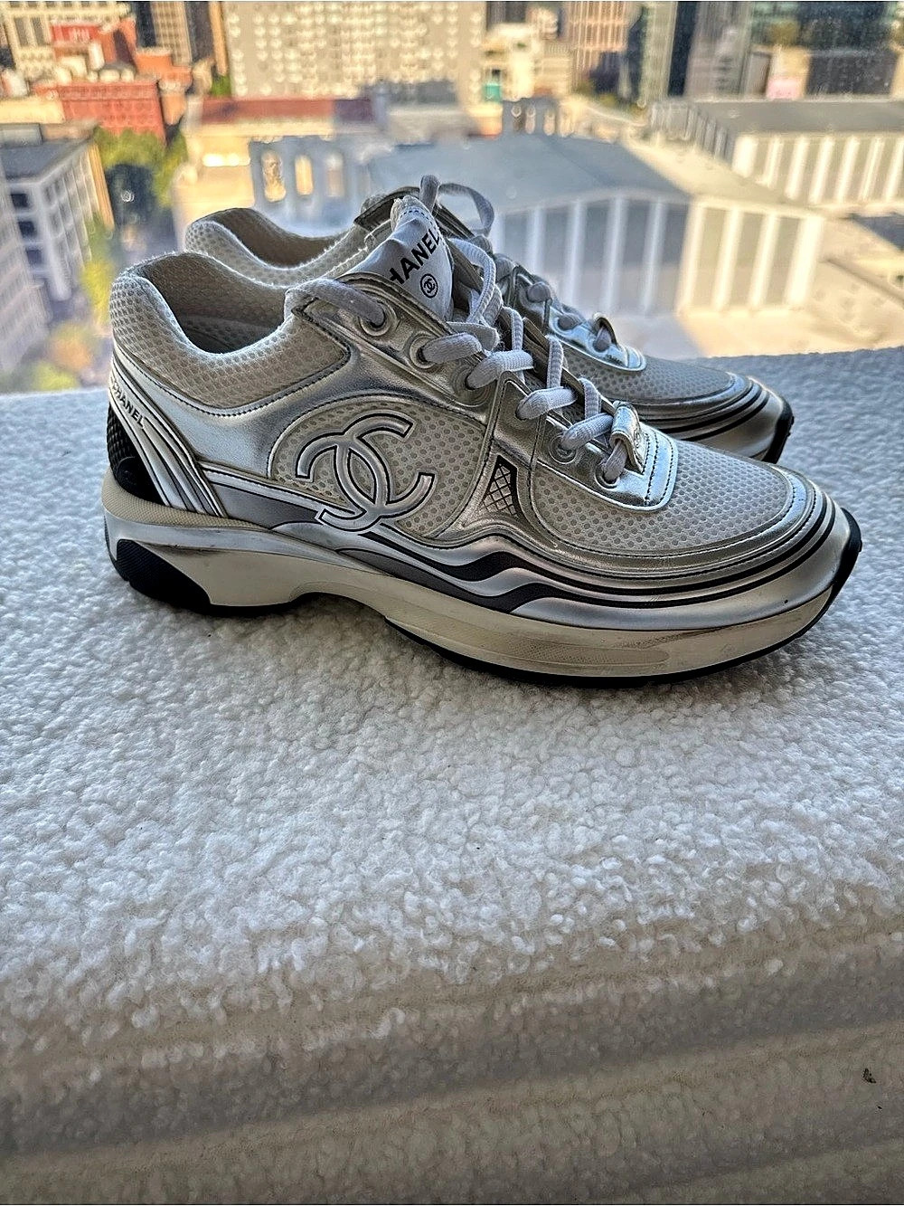 Chanel CC Logo Sneaker White Silver Women's Sneakers